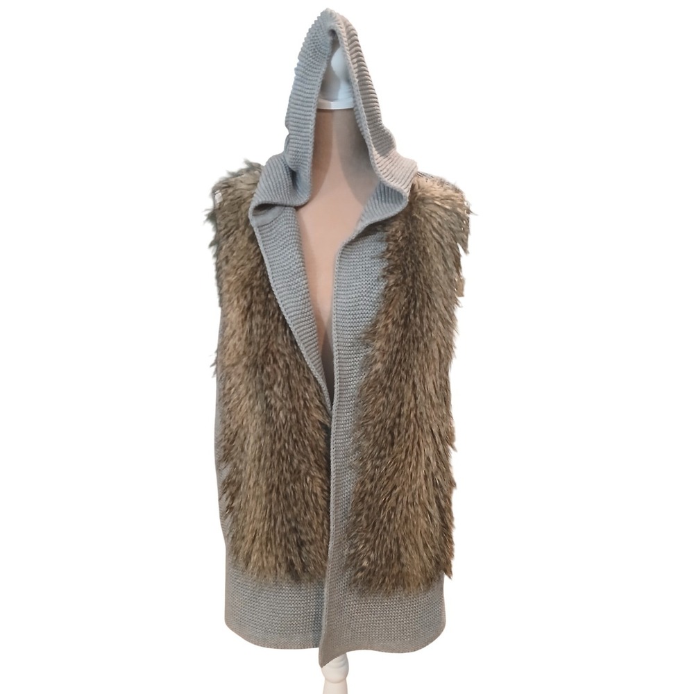 Tommy Hilfiger Women Hooded Faux Fur Vest Cardigan Sweater Gray XL